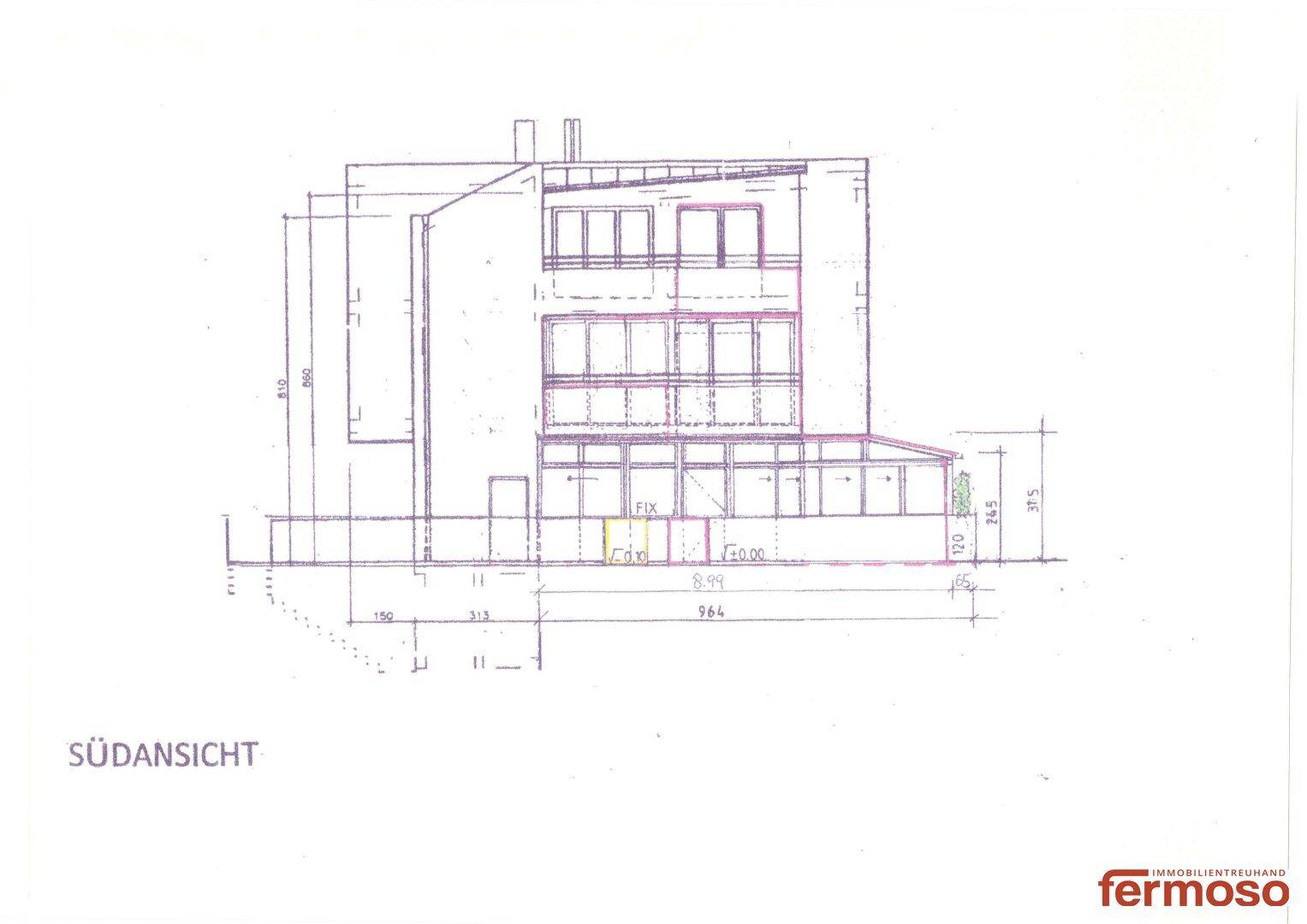 Architektonische Südansicht eines Gebäudes mit mehreren Etagen, Balkonen und einem Anbau.