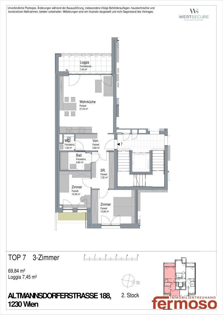 Grundriss der Wohnung Top 7 mit 3 Zimmern, Loggia und separatem WC.