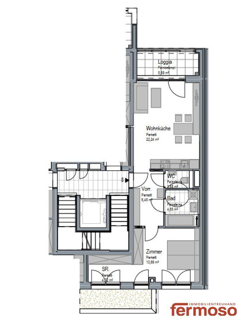 Detaillierter Grundriss einer Wohnung mit Wohnküche, Schlafzimmer, Bad, WC und Loggia.