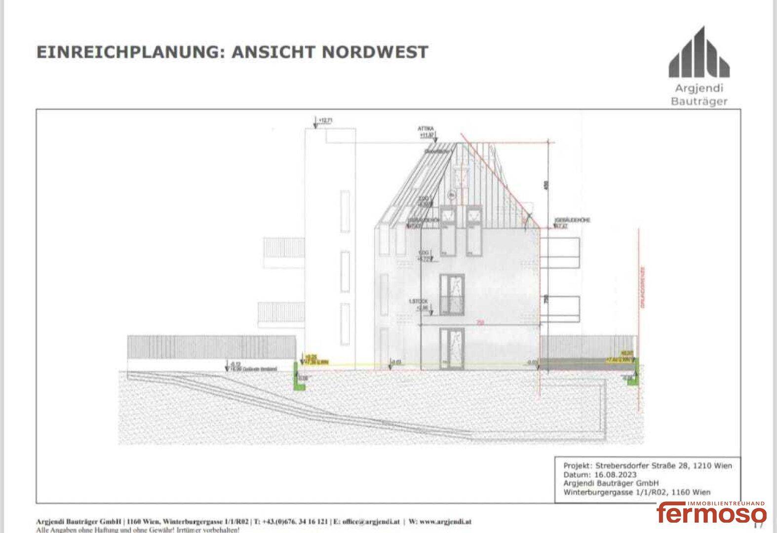 Architektonische Ansicht der Nordwestseite des Gebäudes mit Dachform und Fensteranordnung.