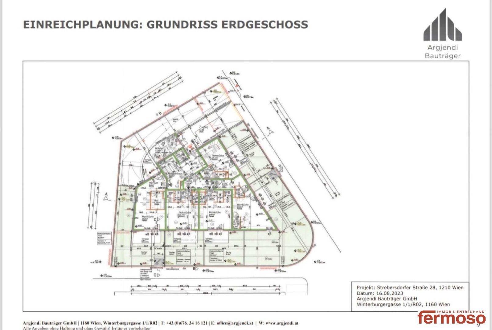 Grundriss des Erdgeschosses mit Wohnungen, Terrassen und Zugang zu den Außenbereichen.