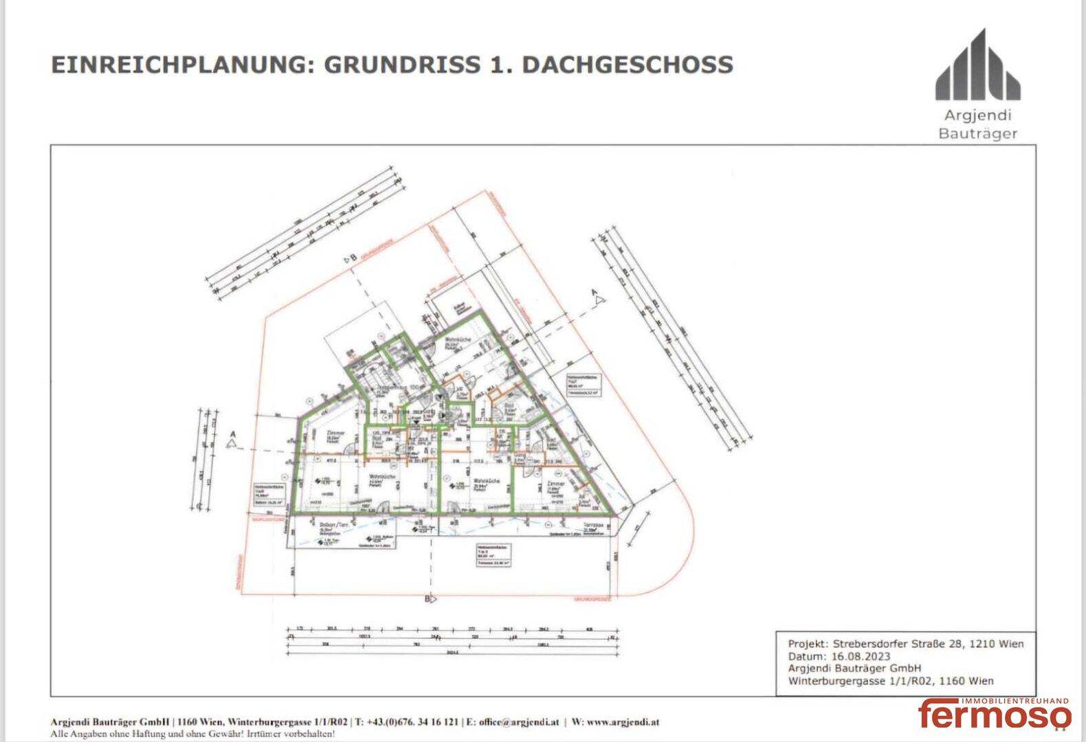 Grundriss des ersten Dachgeschosses mit Wohnungen, Balkonen und Dachschrägen.