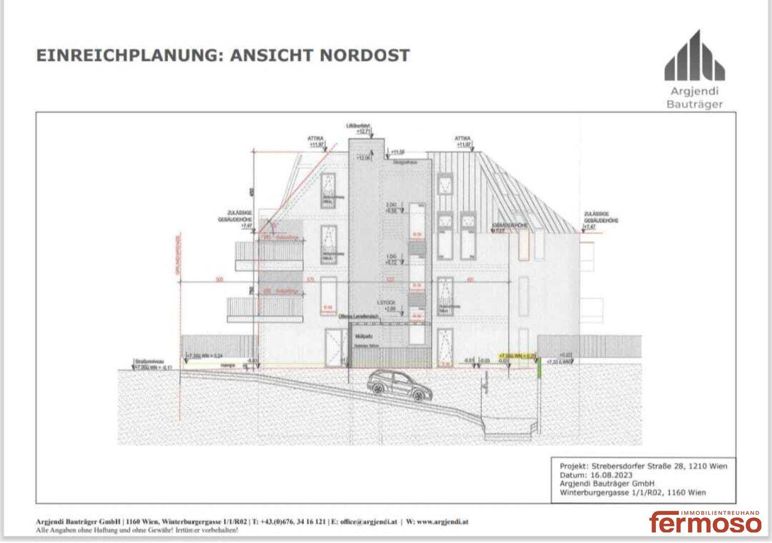 Architektonische Ansicht der Nordostseite des Gebäudes mit Balkonen und der Zufahrt zur Tiefgarage.
