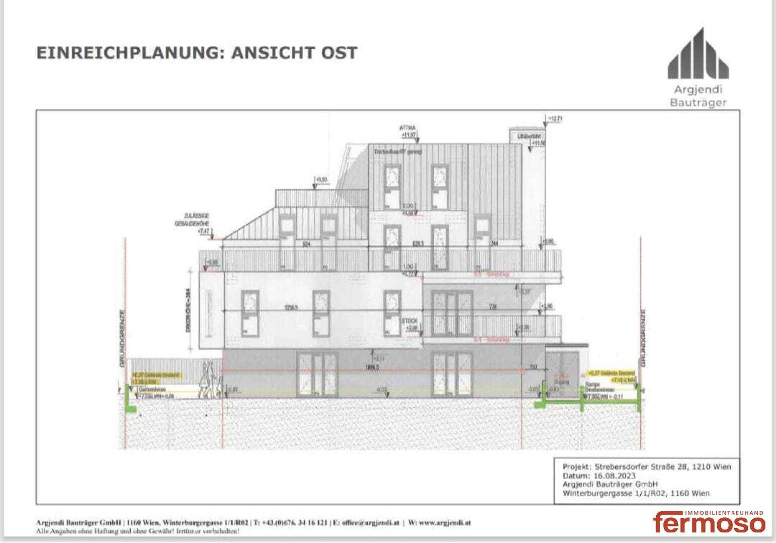 Architektonische Ansicht der Ostseite des Gebäudes mit Balkonen und Fensteranordnungen.