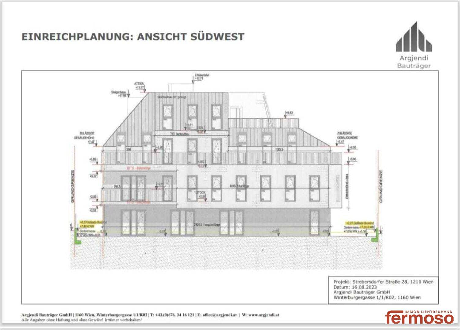 Architektonische Ansicht der Südwestseite des Gebäudes mit mehreren Balkonen und großen Fensterflächen.