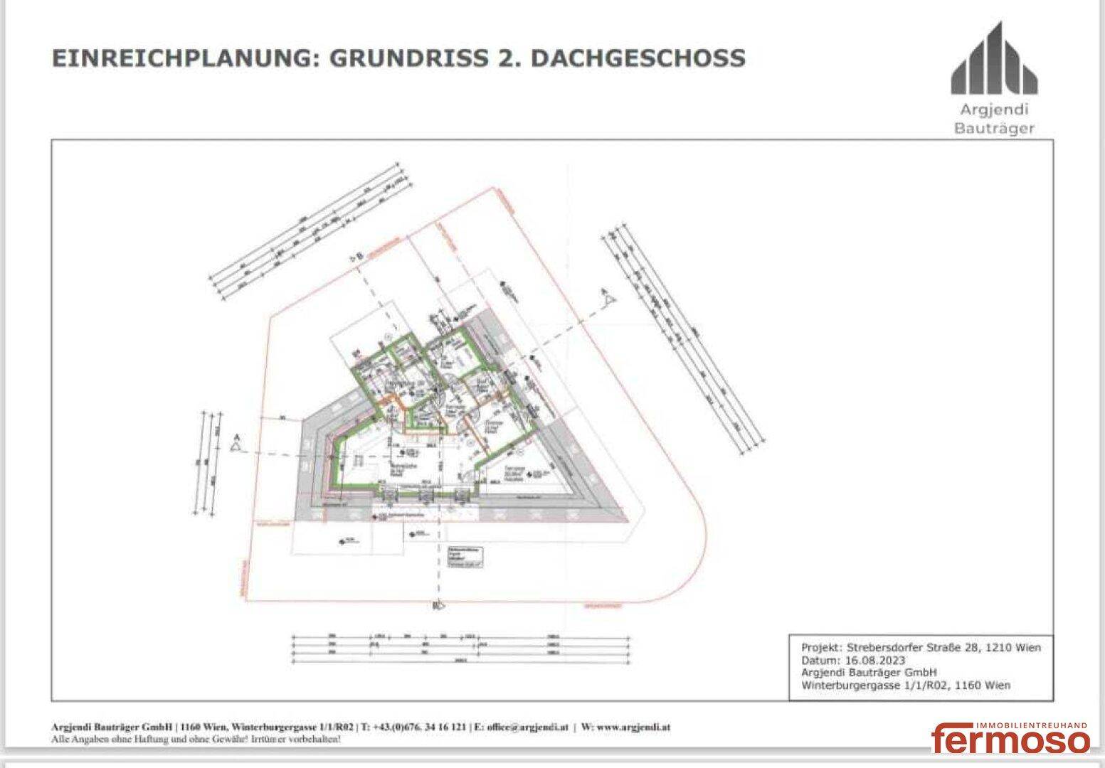 Grundriss des zweiten Dachgeschosses mit Wohnungen, Dachschrägen und Zugang zu Dachterrassen.