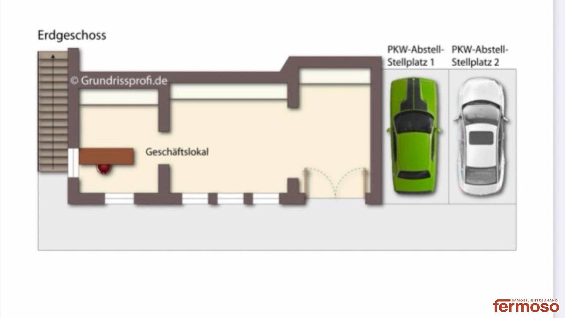 Grundriss des Erdgeschosses mit einem großen Geschäftsraum und zwei PKW-Stellplätzen.