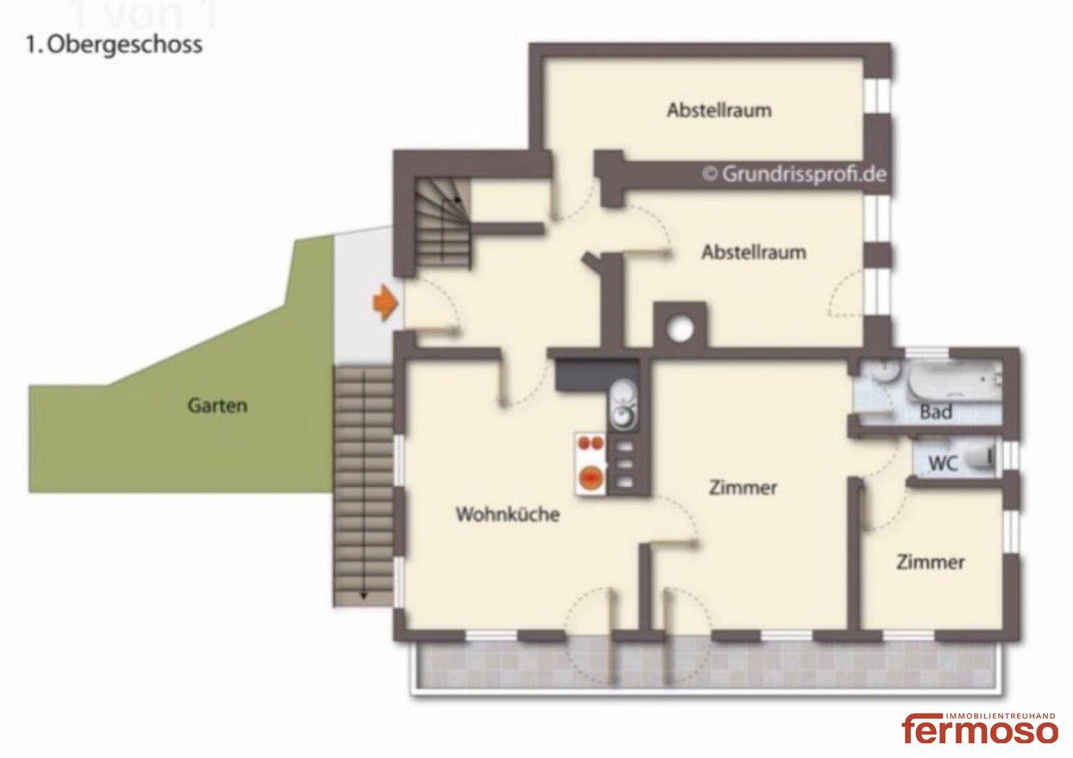 Grundriss des ersten Obergeschosses mit Wohnküche, zwei Zimmern, Bad, WC und Gartenbereich.