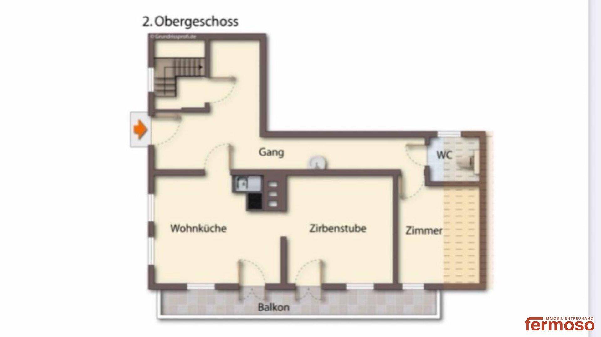 Grundriss des zweiten Obergeschosses mit Wohnküche, Zirbenstube, Zimmer, WC und Balkon.