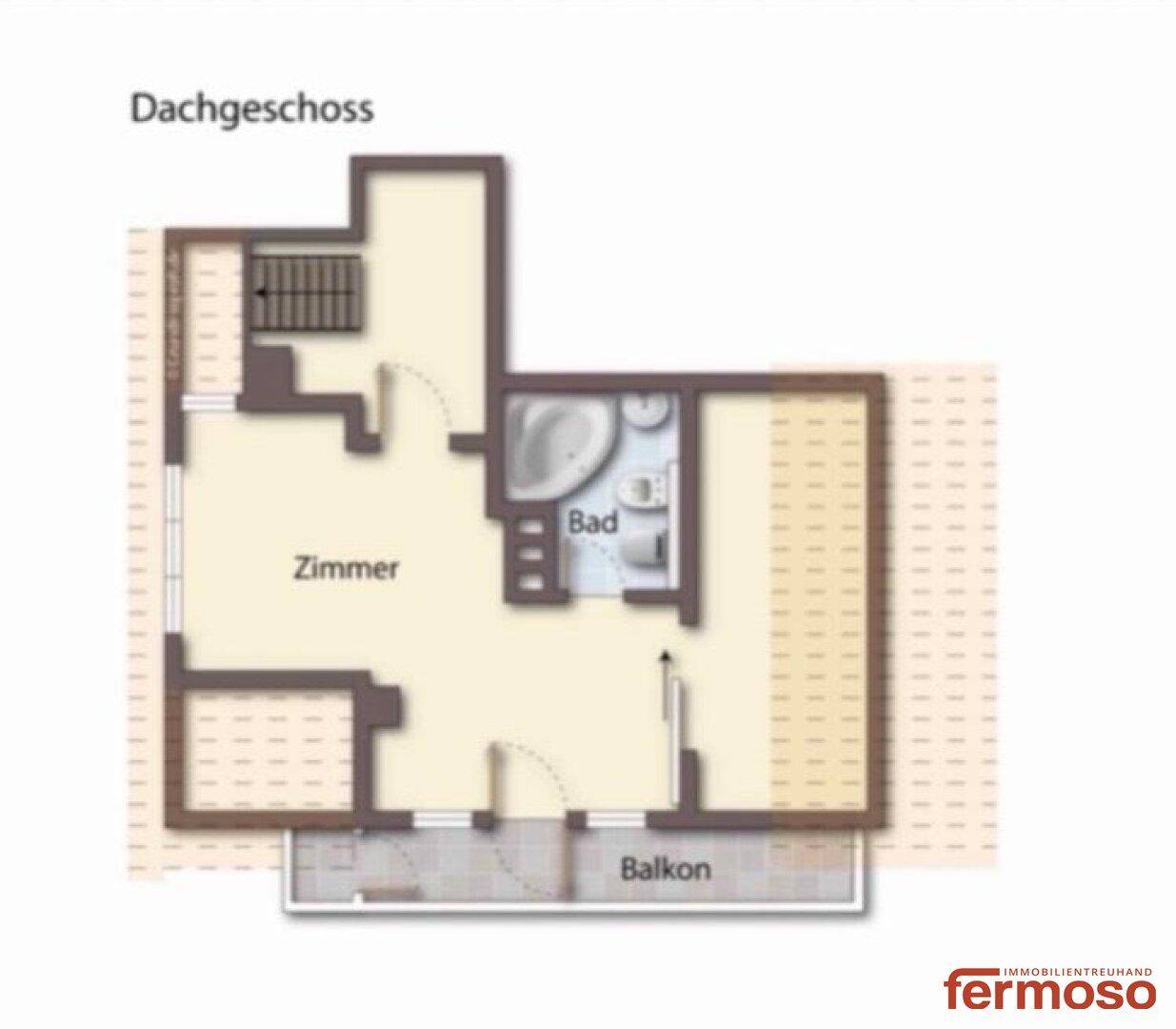 Grundriss des Dachgeschosses mit einem Zimmer, Bad und einem Balkon.