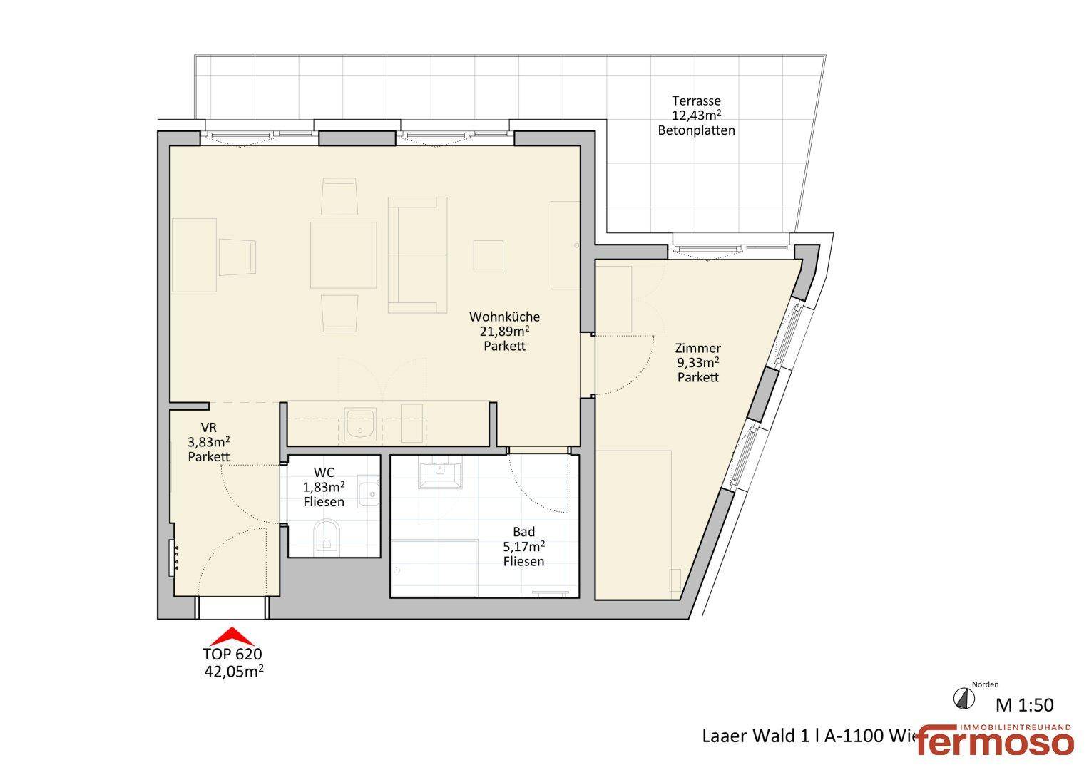 Grundriss einer Wohnung mit Wohnküche, Zimmer, Bad, WC und Terrasse.