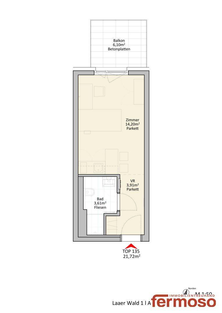 Grundriss einer Wohnung mit 21,72m² und einem Balkon von 3,10m².