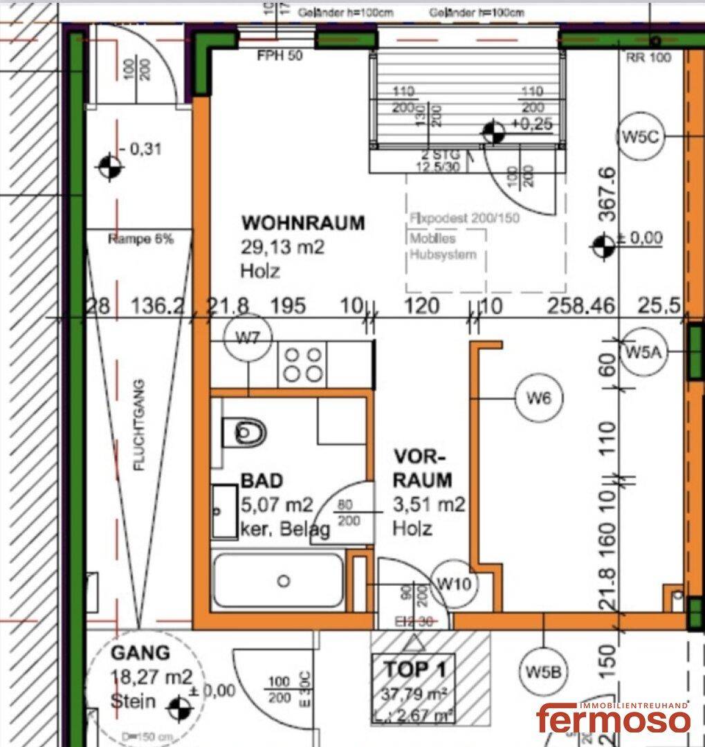 Grundriss einer Wohneinheit mit Wohnraum, Bad und Vorraum.
