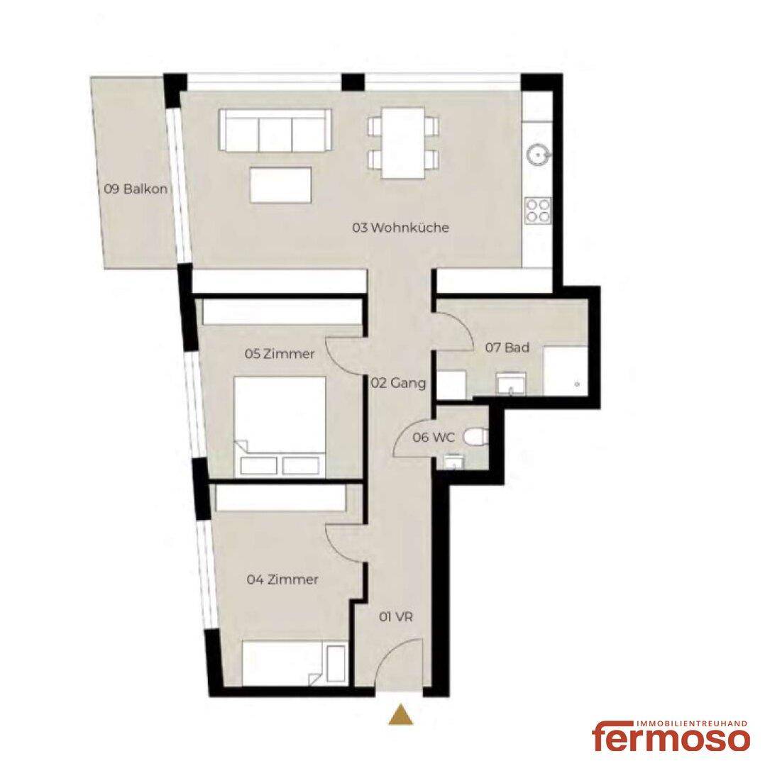 Grundriss der Wohnung mit Wohnküche, zwei Zimmern, Bad und Balkon.
