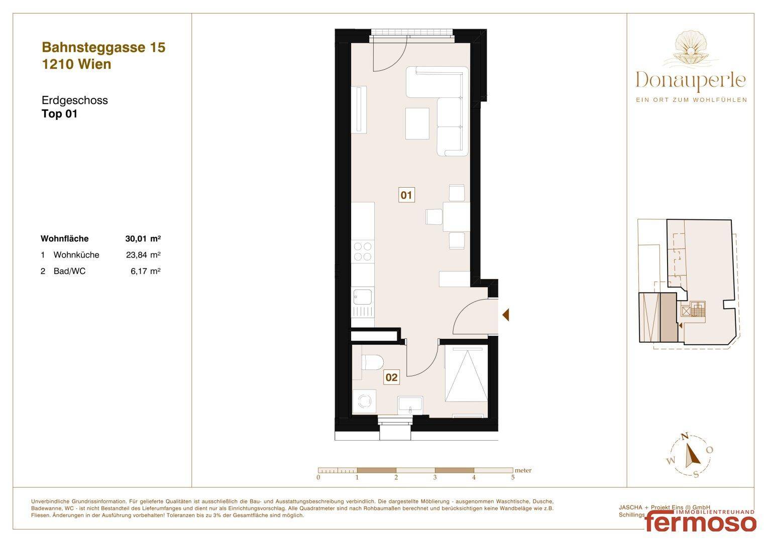 Kompakter Grundriss einer Studio-Wohnung mit integrierter Wohnküche und einem Badezimmer.