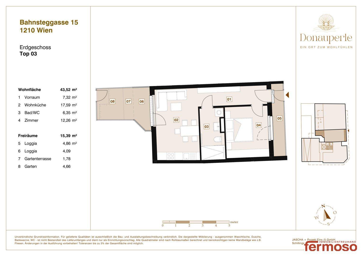 Grundriss einer Wohnung mit offener Wohnküche, Schlafzimmer und Zugang zu Loggia, Terrasse und Garten.