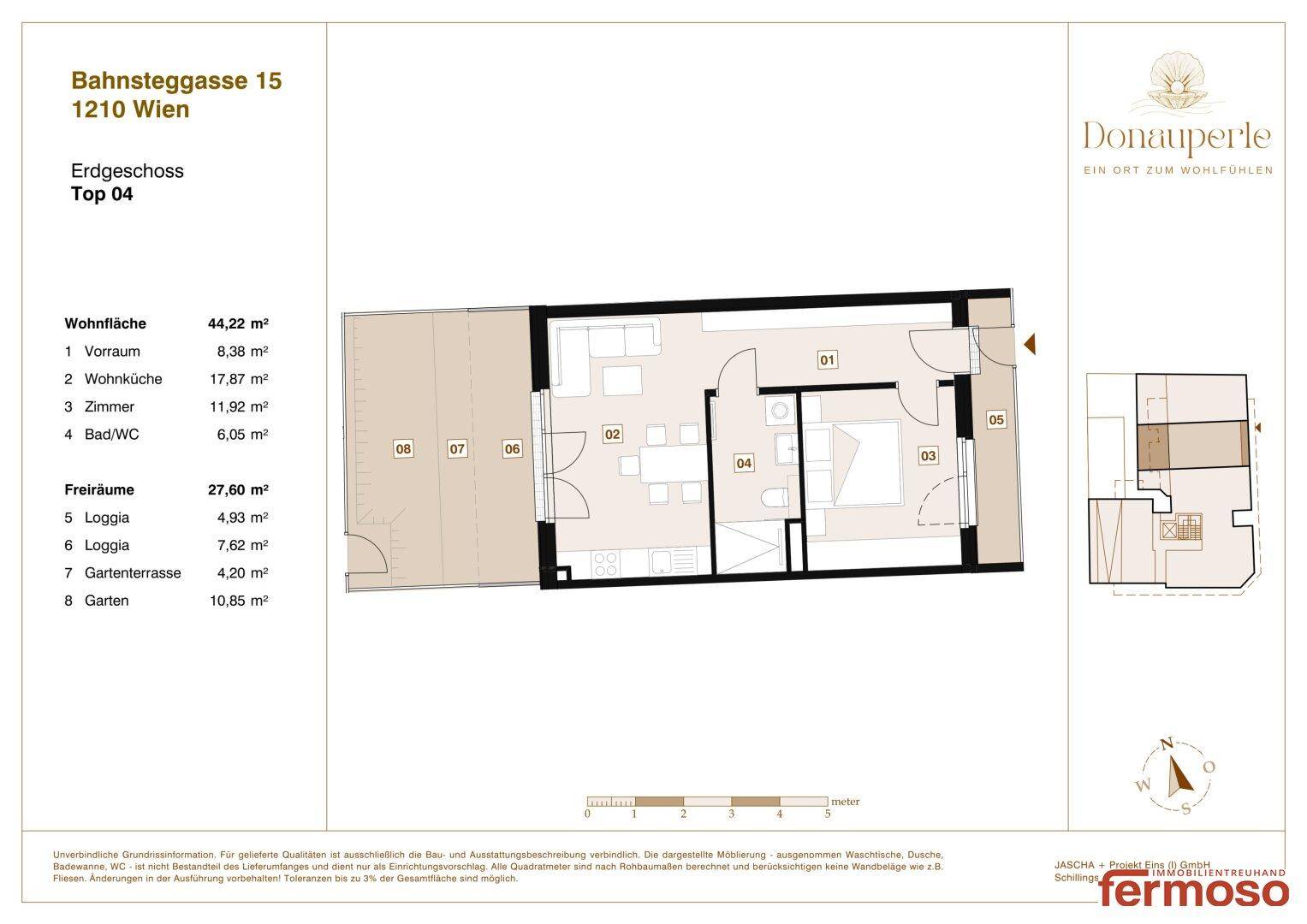 Effizienter Grundriss mit offener Wohnküche, Schlafzimmer und direktem Zugang zu Loggia, Terrasse und Garten.