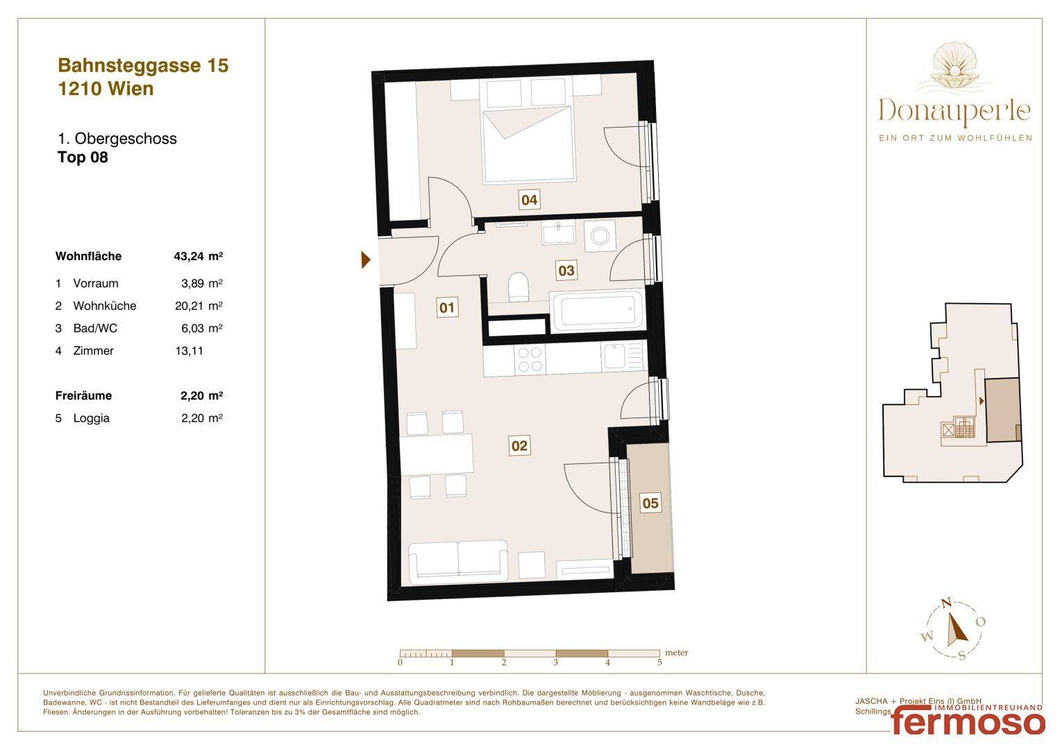 Grundriss einer Wohnung mit offener Wohnküche, Schlafzimmer, Bad und einer gemütlichen Loggia.