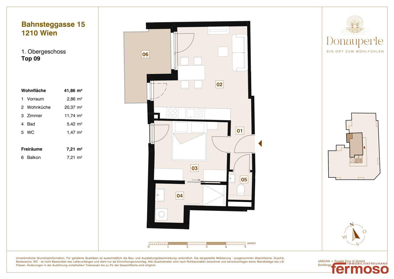 Effizienter Grundriss mit offener Wohnküche, Schlafzimmer, Bad, separatem WC und einem Balkon.