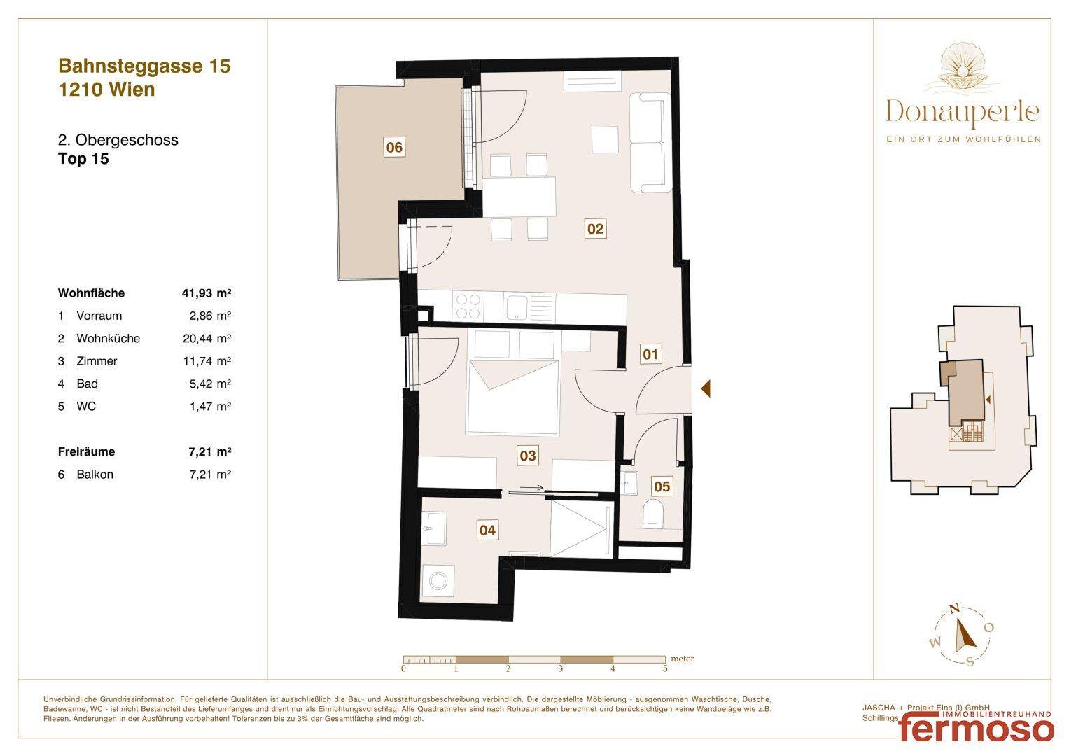 Praktischer Grundriss mit offener Wohnküche, Schlafzimmer, Bad, separatem WC und einem Balkon.