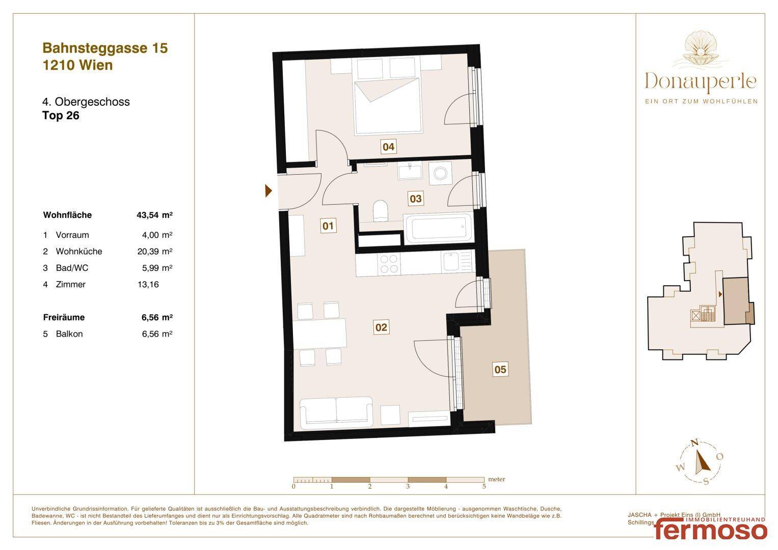 Grundriss einer Wohnung mit offener Wohnküche, Schlafzimmer, Bad und einem Balkon.