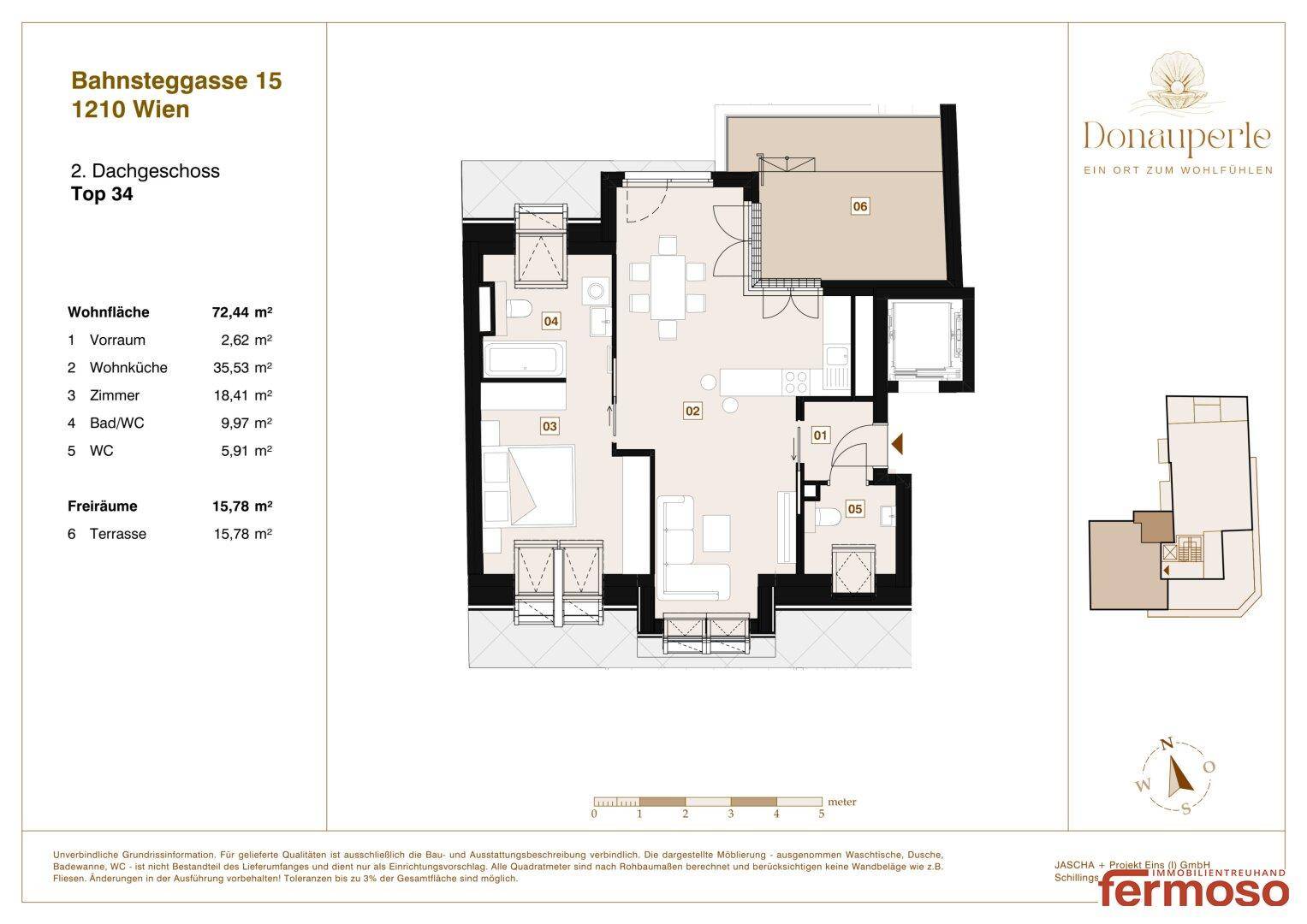 Dachgeschoss-Grundriss mit offener Wohnküche, Schlafzimmer, Bad, separatem WC und einer großzügigen Terrasse.