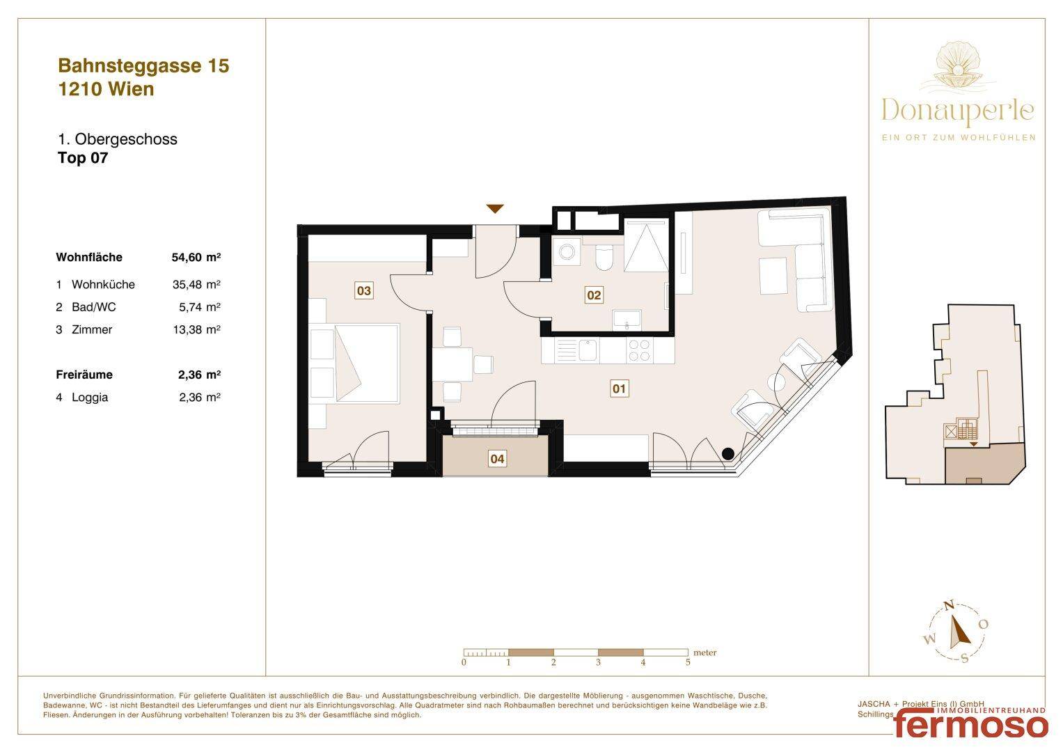 Grundriss einer Wohnung mit offener Wohnküche, Schlafzimmer, Bad und einer Loggia.