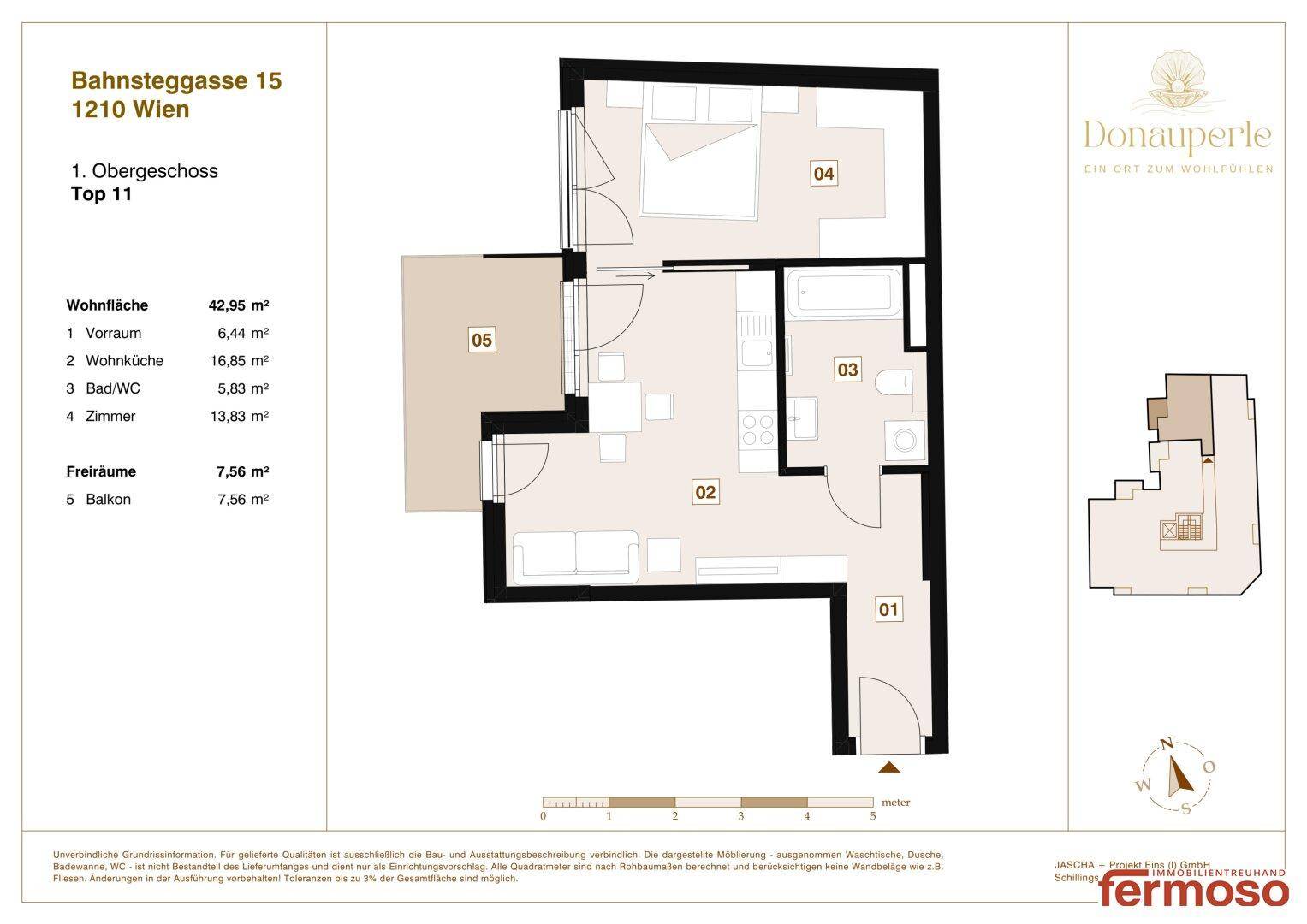Grundriss einer Wohnung mit offener Wohnküche, Schlafzimmer, Bad und einem Balkon.