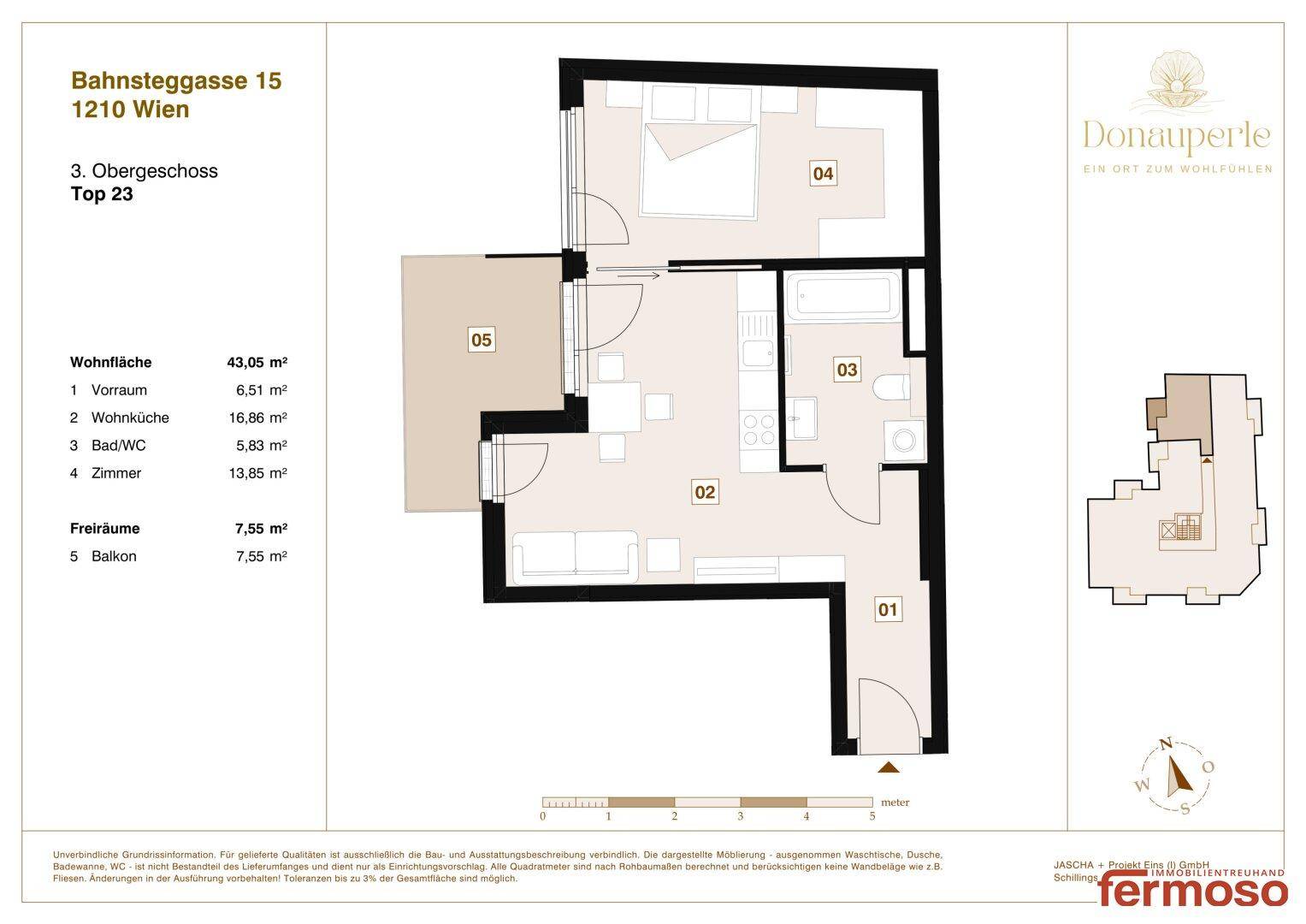 Grundriss der Wohnung Top 23 im 3. Obergeschoss mit einem Schlafzimmer, Wohnküche und Balkon.
