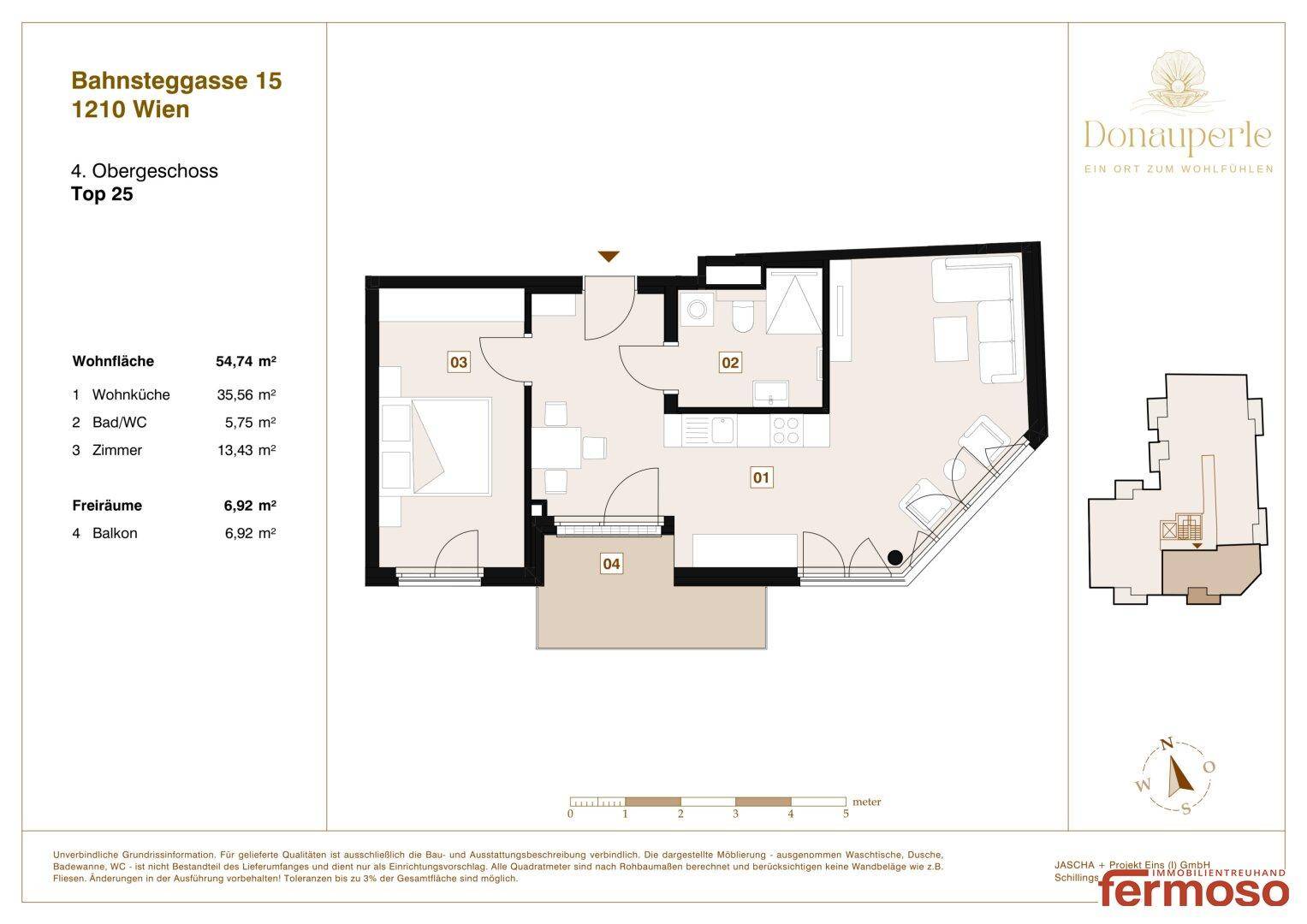 Grundriss der Wohnung Top 25 im 4. Obergeschoss mit einem Schlafzimmer, großem Wohnbereich und Balkon.