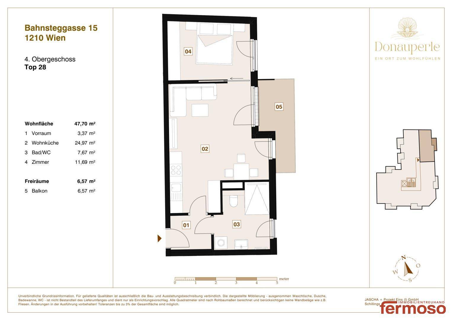 Grundriss der Wohnung Top 28 im 4. Obergeschoss mit einem Schlafzimmer, offenem Wohnbereich und Balkon.