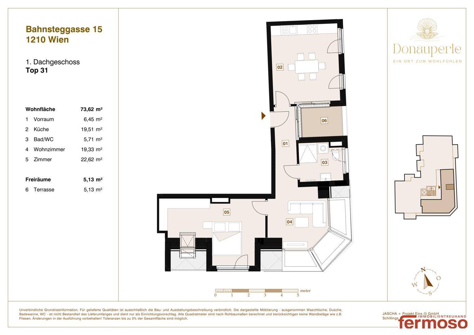Grundriss der Wohnung Top 31 im 1. Dachgeschoss mit zwei Schlafzimmern, Wohnküche und Terrasse.