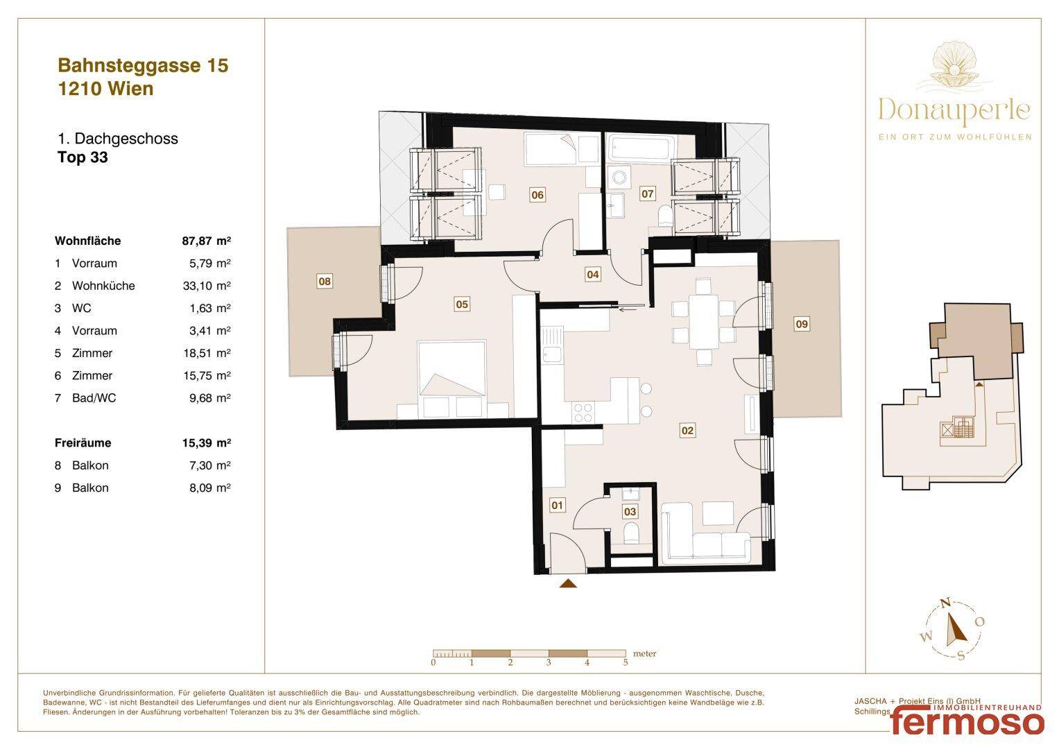 Grundriss der Wohnung Top 33 im 1. Dachgeschoss mit zwei Schlafzimmern, Wohnküche und zwei Balkonen.