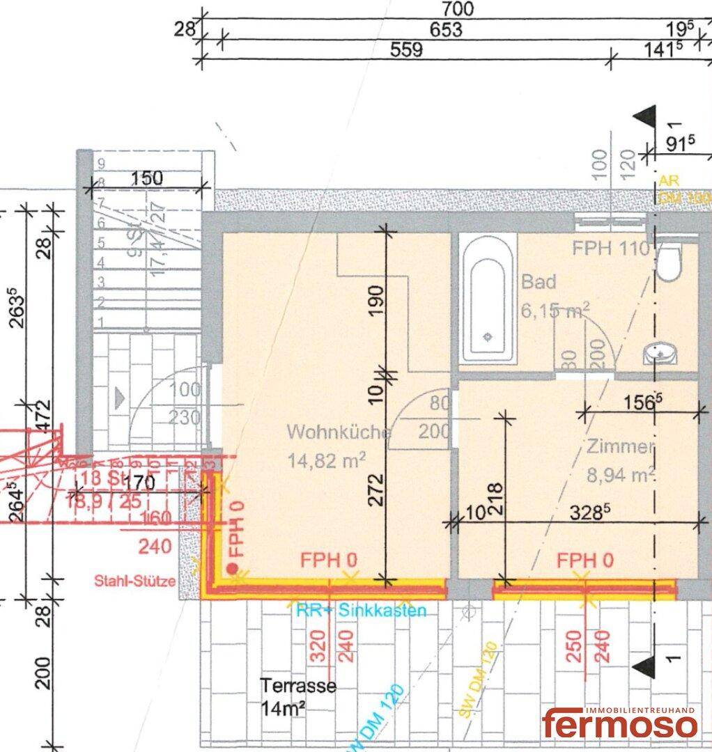 Grundriss zeigt eine Wohnküche, ein Bad, ein Zimmer und eine 14m² große Terrasse.