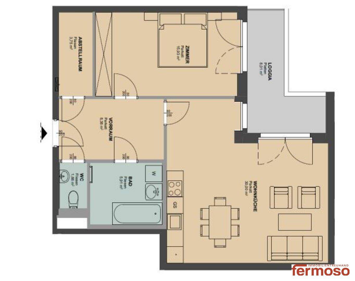 Grundriss der Wohnung mit Wohnküche, Schlafzimmer und Loggia.