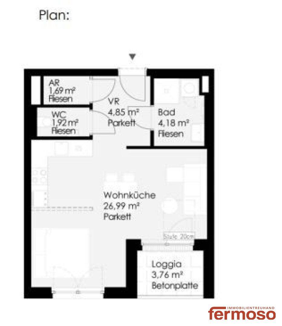 Grundriss einer Wohnung mit Wohnküche, Bad, WC und Loggia.