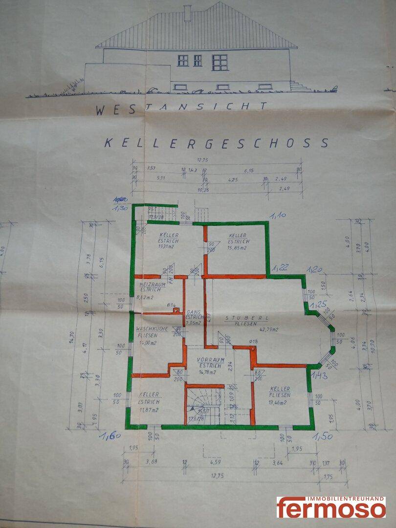 Grundriss des Kellergeschosses mit Heizraum, Waschküche und weiteren Kellerräumen.