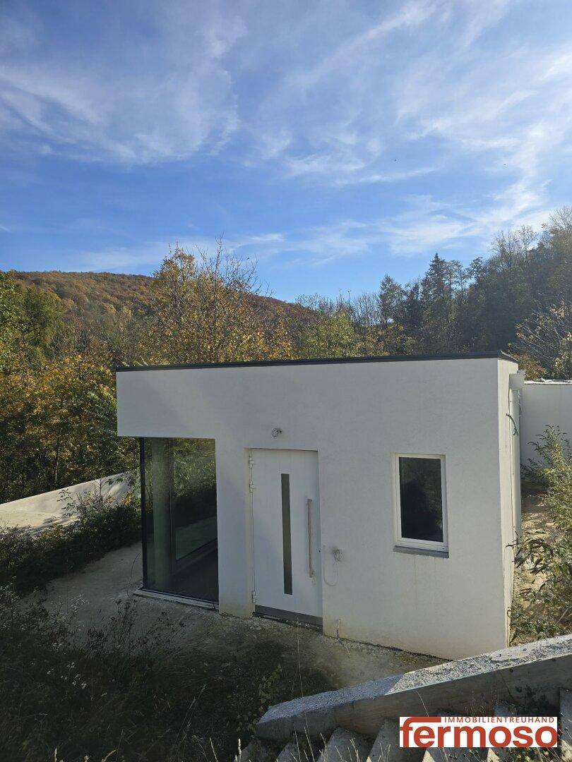 Eingangsbereich des modernen Gebäudes mit weißer Tür und großen Glasflächen vor bewaldeter Hügellandschaft.