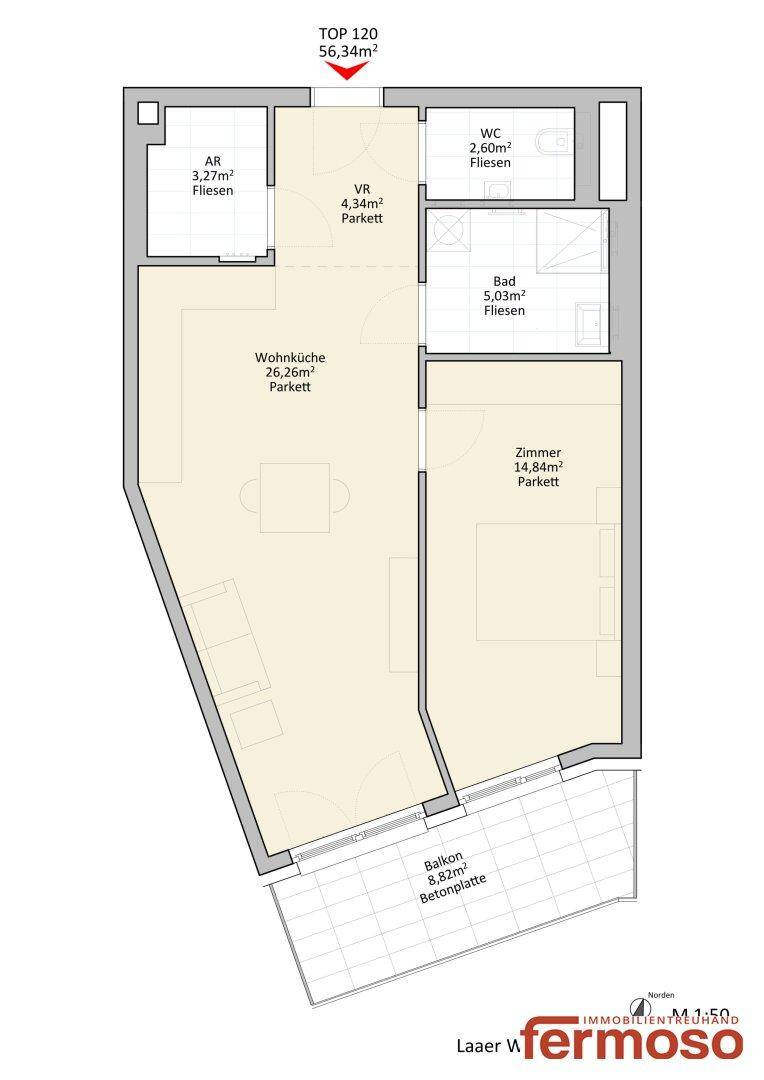 Grundriss einer Wohnung mit Wohnküche, Zimmer, Bad, WC und Balkon.