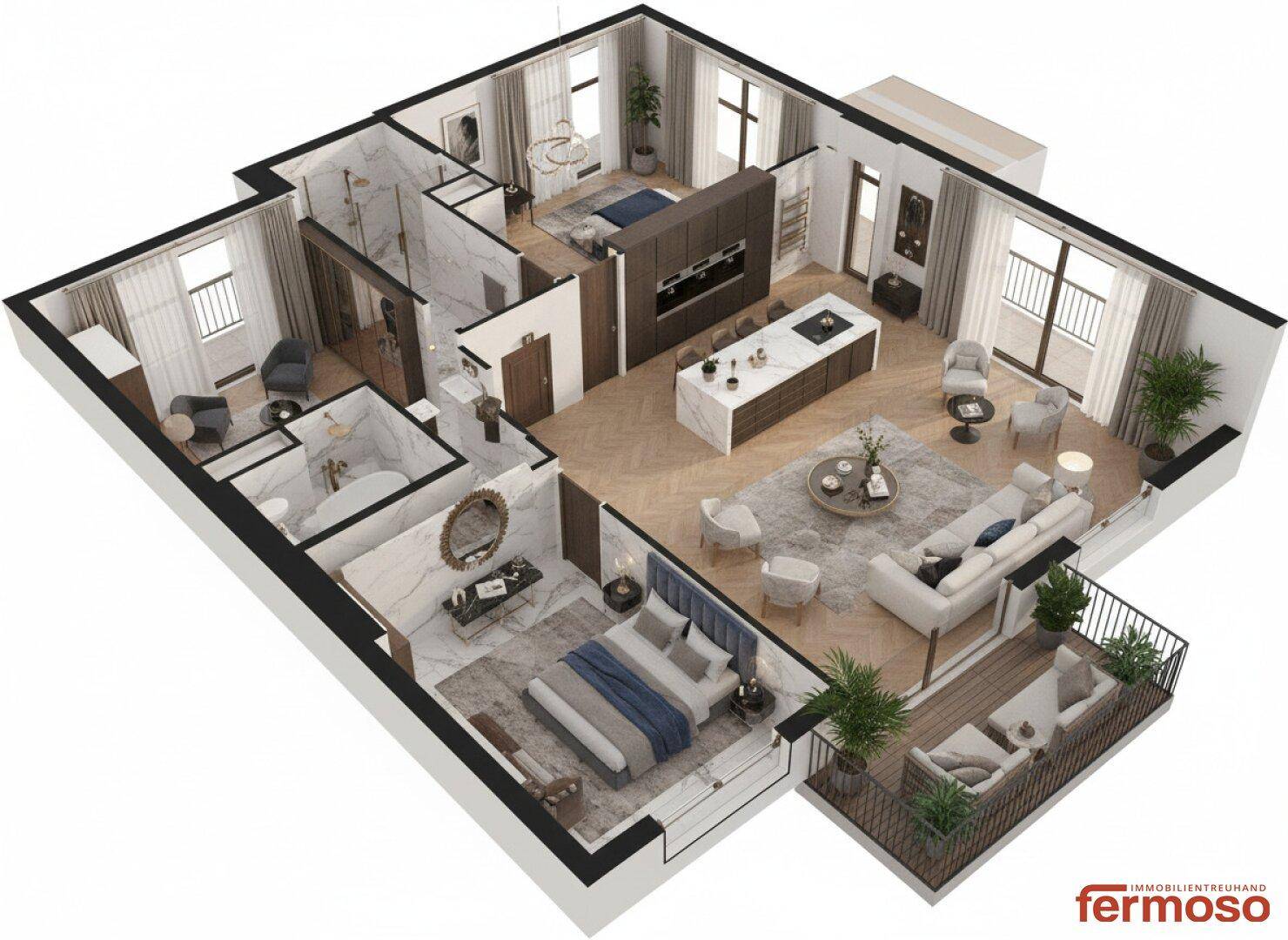 3D-Grundriss einer Wohnung mit mehreren Zimmern, möblierter Einrichtung und einem Balkon.