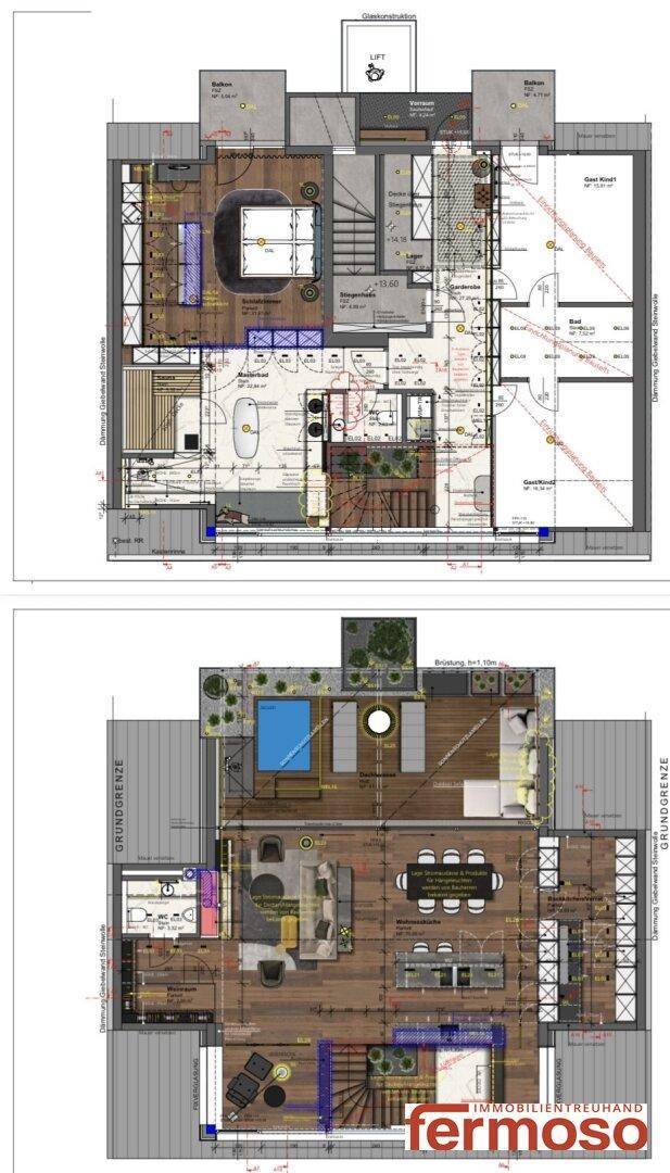 Detaillierter Grundriss der oberen Etage mit Schlafzimmer, Masterbad, Sauna, Ankleide und Balkonen.