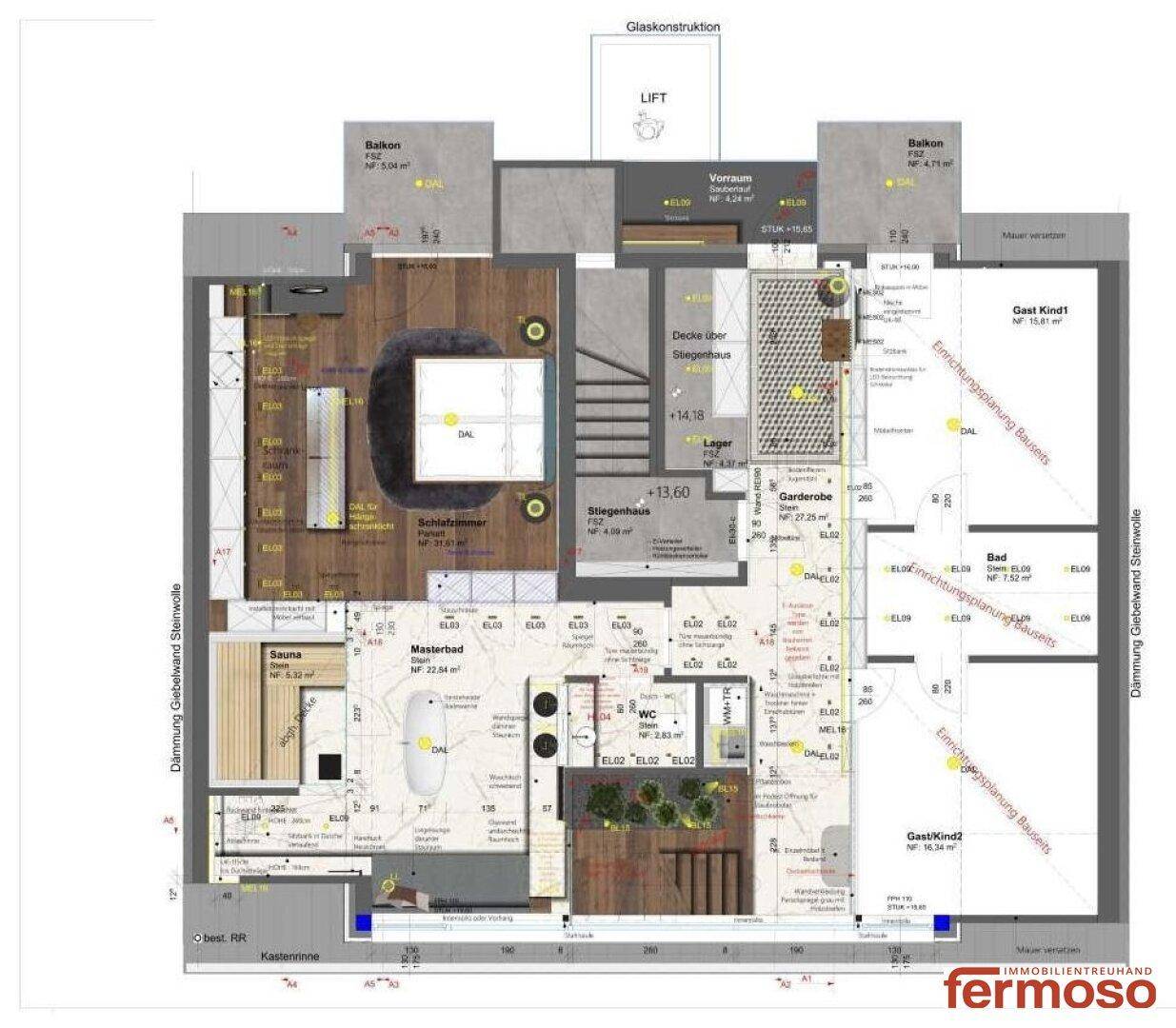Grundriss der unteren Etage mit offenem Wohn-Essbereich, großer Terrasse und Pool.