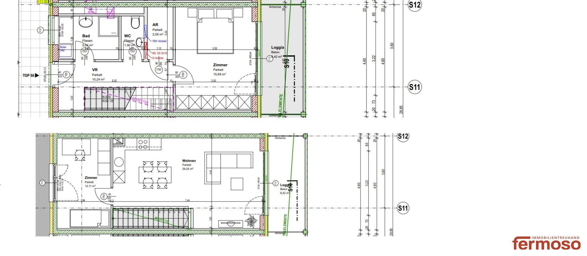 Grundrisspläne zeigen die Aufteilung der beiden Wohnebenen mit Loggia und Balkon.