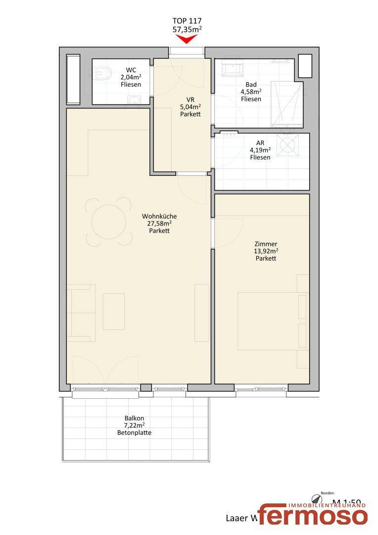 Detaillierter Grundriss einer Wohnung mit Balkon, Schlafzimmer und offenem Wohnbereich.