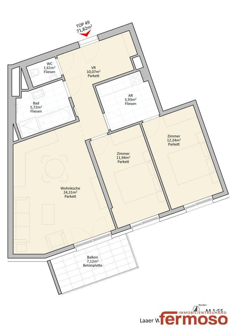 Detaillierter Grundriss der Wohnung TOP 49 mit 71,82m² und Balkon.