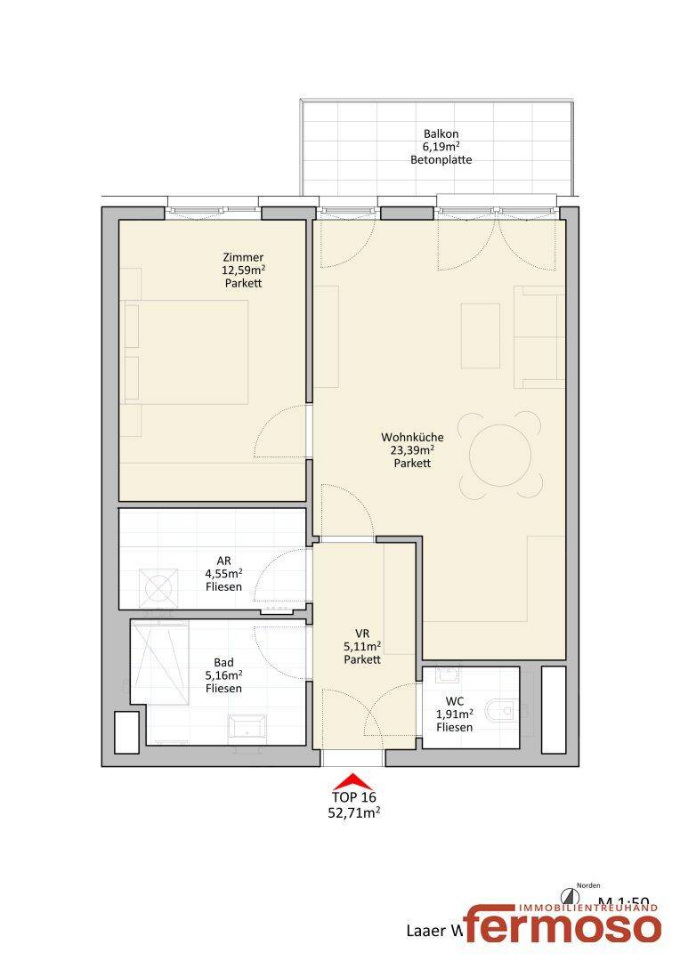 Detaillierter Grundriss der Wohnung mit Zimmern, Wohnküche und Balkon.