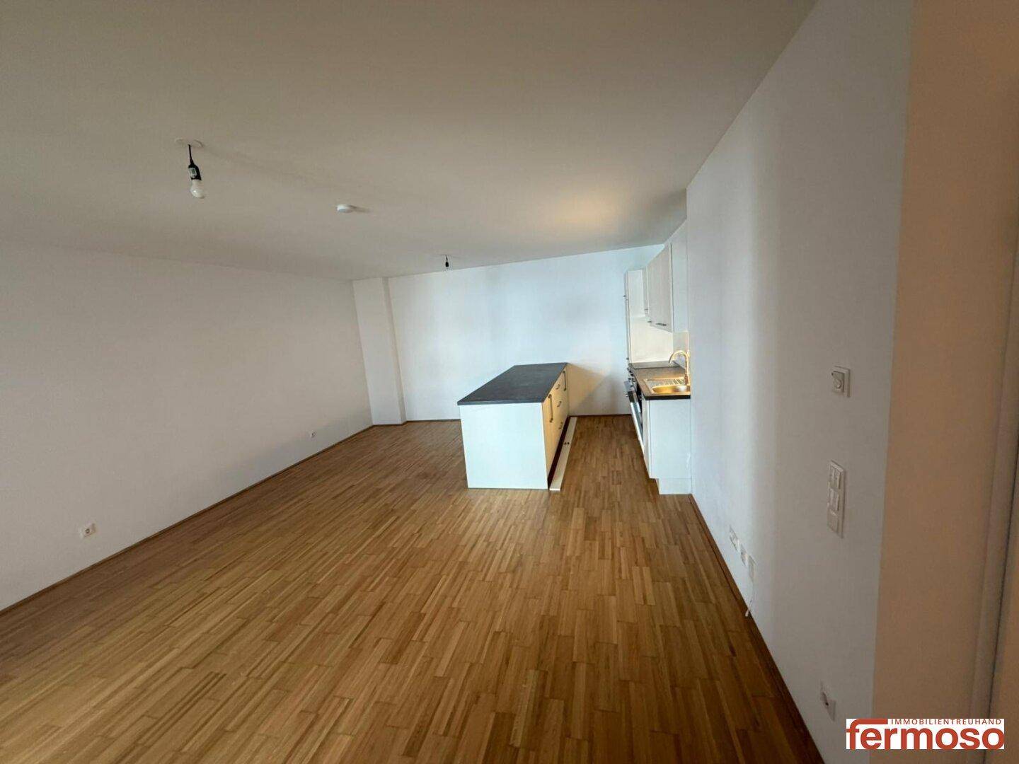 Geräumiger offener Wohnbereich mit Holzboden und integrierter Küchenzeile im Hintergrund.