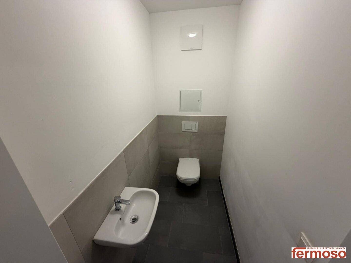 Modernes Gäste-WC mit wandhängender Toilette und kleinem Waschbecken, in neutralen Grautönen gehalten.