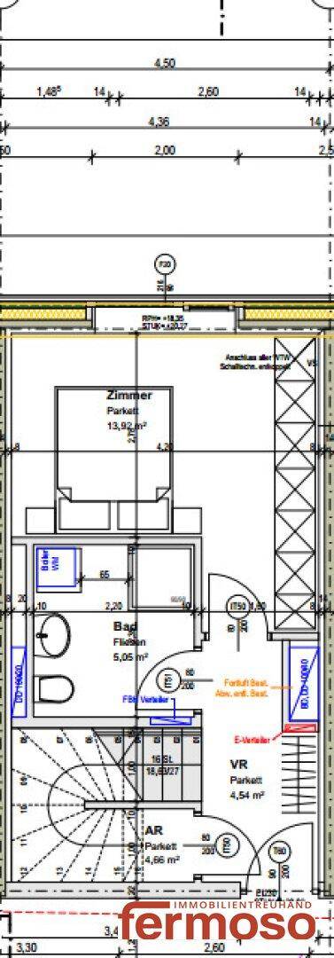 Grundriss des Obergeschosses mit Schlafzimmer, Bad und Treppenaufgang, zeigt die Raumaufteilung.