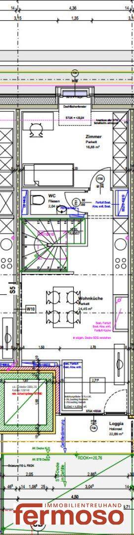 Grundriss des Erdgeschosses mit offener Küche, Wohnbereich und Loggia, detaillierte Raumplanung.